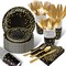175 Pieces Black and Gold Party Supplies, Severs 25 Disposable Party Dinnerware Gold Plastic Forks Knives Spoons and Golden Dot Black Paper Plates Black Napkins Cups for New Years Graduation Birthday